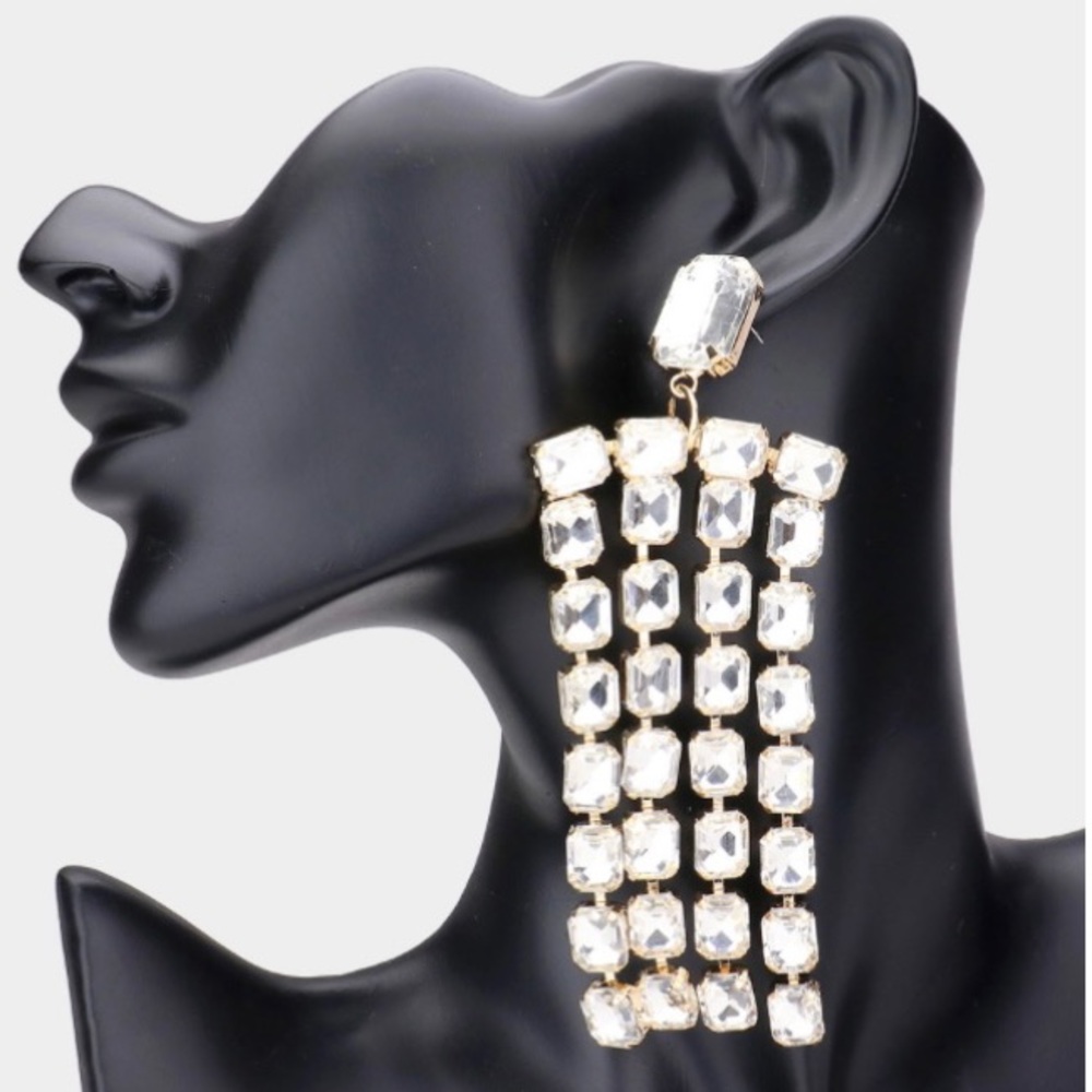 Emerald Cut Stone Fringe Evening Earrings